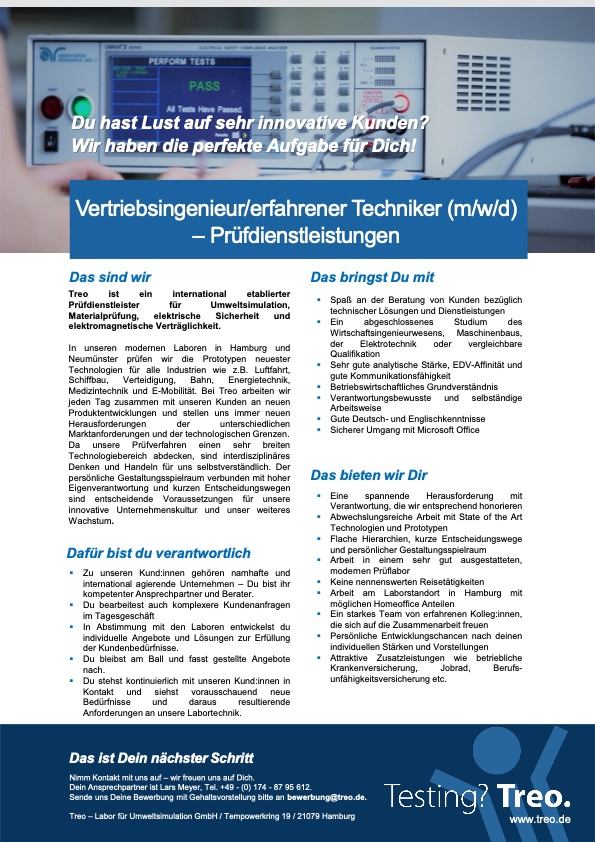 Vertriebsingenieur/erfahrener Techniker (m/w/d) – Prüfdienstleistungen