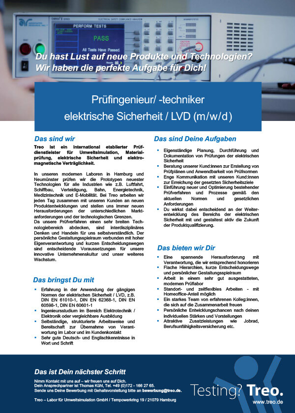 Stellenanzeige Prüfingenieur/-techniker elektrische Sicherheit / LVD (m/w/d) am Standort Hamburg